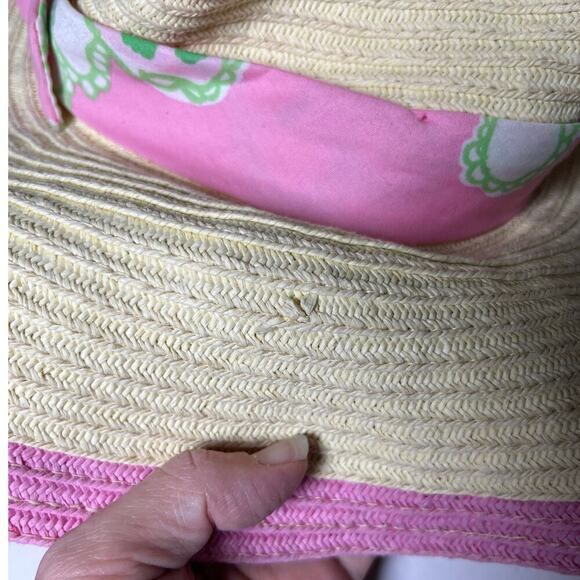 Lilly Pulitzer Straw Sun Hat Wide Brim‎ Pink Trim Floppy Beach Scarf Band #33499 - Picture 8 of 12